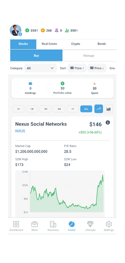 Cash Invest screen: stocks, chart, and portfolio summary